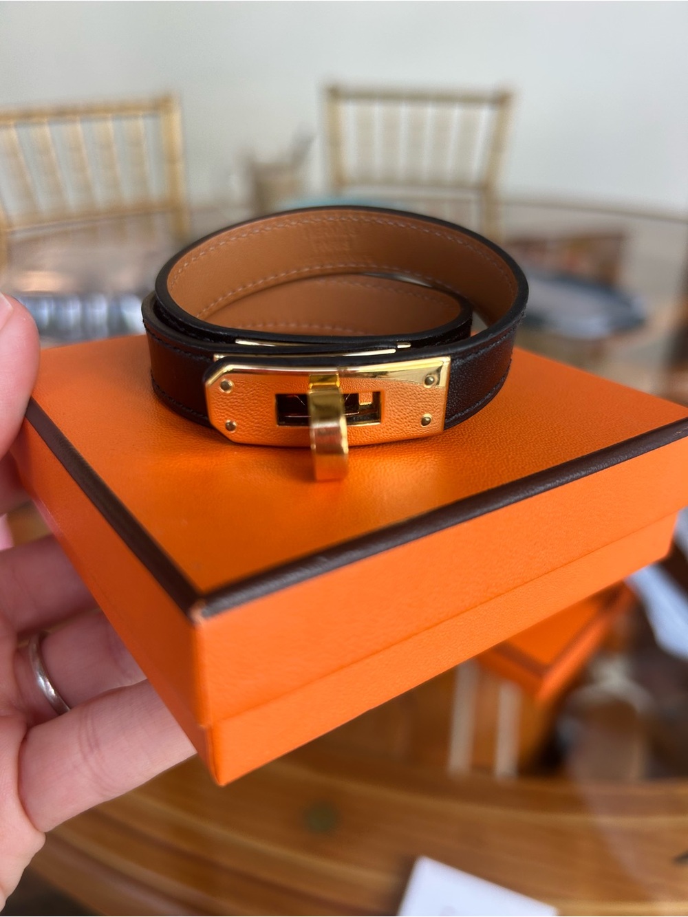 HERMES Kelly double tour Black Leather Wrap Bracelet with Gold Hardware